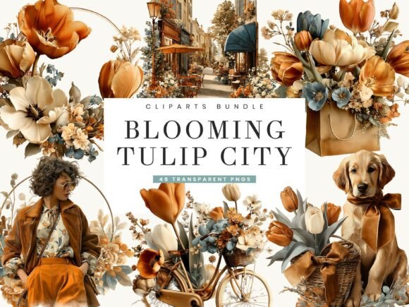 Enhancing Digital and Print Design with the Blooming Tulip City Clipart Bundle