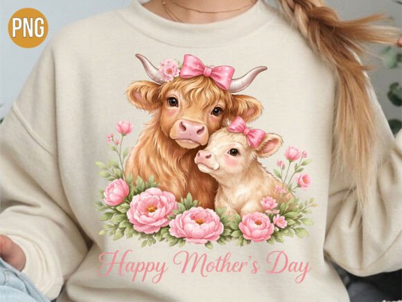 Highland Cow Mother’s Day Floral PNG