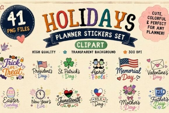 Holiday Planner Stickers Clipart PNG Bundle