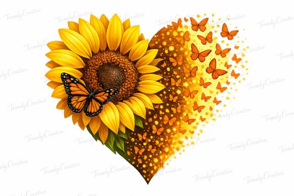 Sunflower Heart Butterfly Rustic PNG Art