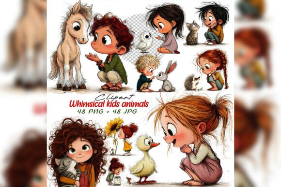 Whimsical Cute Kids Clipart Set: Bringing Storybook Magic to Digital Design